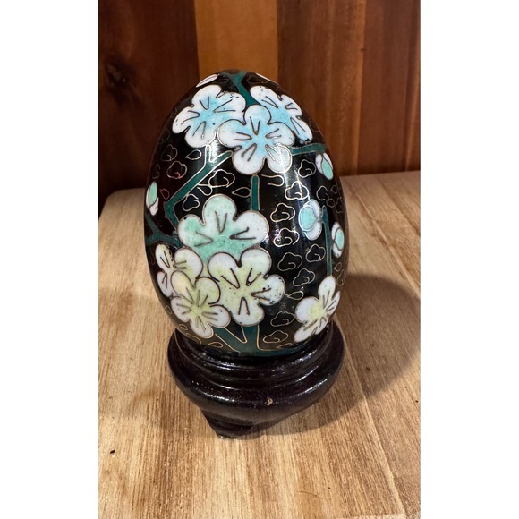Other - Vintage Cloisonne Egg Black Floral Display Stand Ornate Decorative Art Y1.2